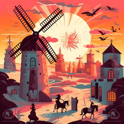 Don Quichotte à droite sur son âne, aussi petit qu