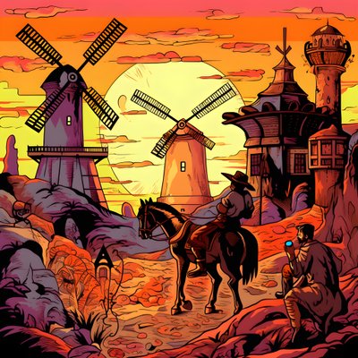 Don Quichotte à droite sur son âne, aussi petit qu