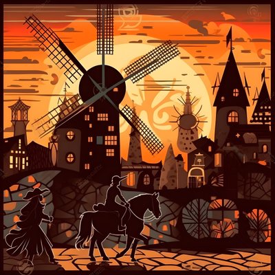 Don Quichotte à droite sur son âne, aussi petit qu