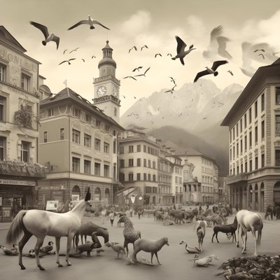 Innsbruck dans une vieille photographie avec des zèbres élégants, des mouettes, des singes et des figurines en argile. 1 - Kurt Heppke