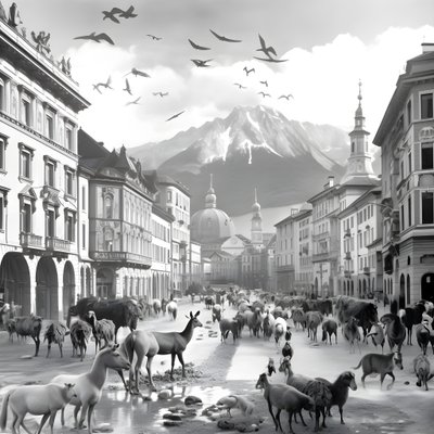 Innsbruck dans une vieille photographie avec des zèbres élégants, des mouettes, des singes et des figurines en argile. 2 - Kurt Heppke