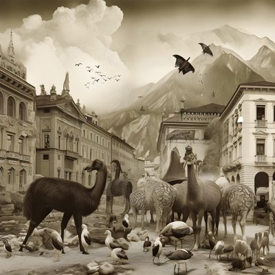 Innsbruck dans une vieille photographie avec des zèbres élégants, des mouettes, des singes et des figurines en argile. 3 - Kurt Heppke