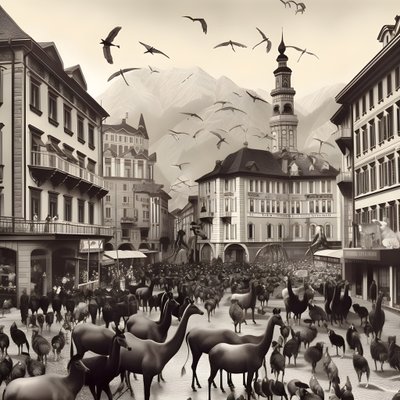 Innsbruck dans une vieille photographie avec des zèbres élégants, des mouettes, des singes et des figurines en argile. 4 - Kurt Heppke