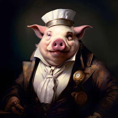 propriétaire de plantation de porcs anthropomorphe, yeux perçants, corps gras et potelé, cigare à la main, costume blanc élégant, montre de poche en chaîne, monocle, chapeau de feutre blanc, gros plan - Kurt Heppke