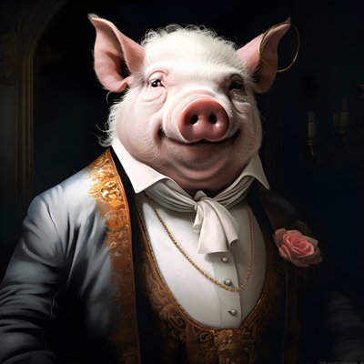 propriétaire de plantation de porcs anthropomorphe, yeux perçants, corps gras et potelé, cigare à la main, costume blanc élégant, montre de poche en chaîne, monocle, chapeau de feutre blanc, gros plan - Kurt Heppke