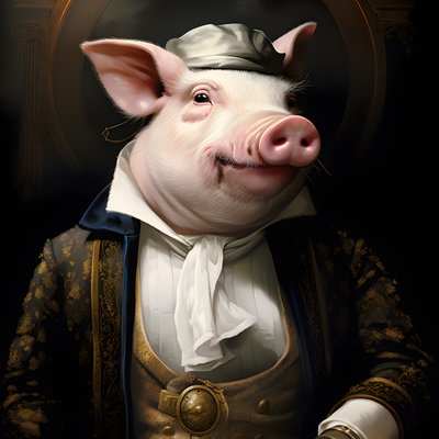 propriétaire de plantation de porcs anthropomorphe, yeux perçants, corps gras et potelé, cigare à la main, costume blanc élégant, montre de poche en chaîne, monocle, chapeau de feutre blanc, gros plan - Kurt Heppke