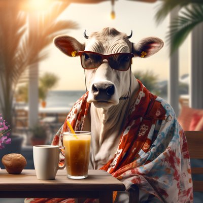 Vache avec des lunettes de soleil regardant un café froid 2 - Kurt Heppke