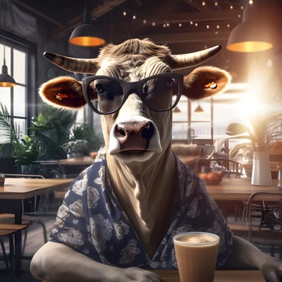 Vache avec des lunettes de soleil regardant un café froid 3 - Kurt Heppke