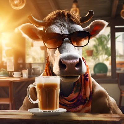 Vache avec des lunettes de soleil regardant un café froid 4 - Kurt Heppke