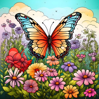 Papillon dans un pré avec une treille de fleurs 1 - Kurt Heppke