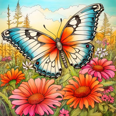 Papillon dans un pré avec une treille de fleurs 2 - Kurt Heppke
