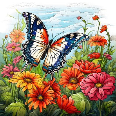 Papillon dans un pré avec une treille de fleurs 3 - Kurt Heppke