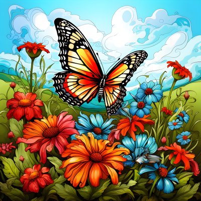 Papillon dans un pré avec une treille de fleurs 4 - Kurt Heppke
