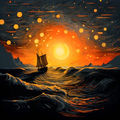 coucher de soleil, soleil orange-jaune, nuages, cinq cercles de nuages tournants dans un grand ciel, vagues ponctuées et nuages de coucher de soleil orange-jaune se reflétant sur les vagues, un bateau part en mer 1 - Kurt Heppke