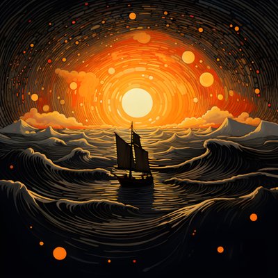 coucher de soleil, soleil orange-jaune, nuages, cinq cercles de nuages tournants dans un grand ciel, vagues ponctuées et nuages de coucher de soleil orange-jaune se reflétant sur les vagues, un bateau part en mer 3 - Kurt Heppke