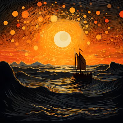coucher de soleil, soleil orange-jaune, nuages, cinq cercles de nuages tournants dans un grand ciel, vagues ponctuées et nuages de coucher de soleil orange-jaune se reflétant sur les vagues, un bateau part en mer 4 - Kurt Heppke