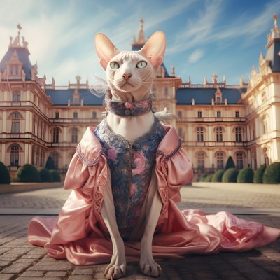 Chat Sphynx en robe de bal devant un magnifique palais de style médiéval 1 - Kurt Heppke