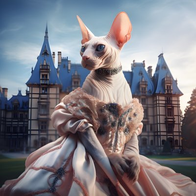Chat Sphynx en robe de bal devant un magnifique palais de style médiéval 3 - Kurt Heppke