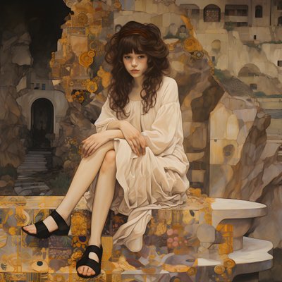 Adolescent en robe fleurie et chaussures de skate, assis dans une ruine traversée par une rivière 1 - Kurt Heppke