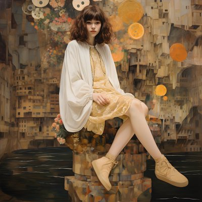Adolescent en robe fleurie et chaussures de skate, assis dans une ruine traversée par une rivière 2 - Kurt Heppke