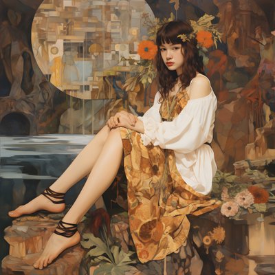Adolescent en robe fleurie et chaussures de skate, assis dans une ruine traversée par une rivière 3 - Kurt Heppke