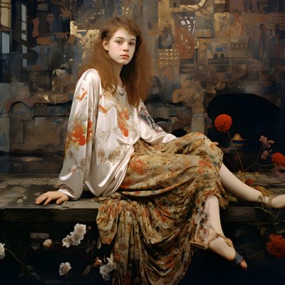 Adolescent en robe fleurie et chaussures de skate, assis dans une ruine traversée par une rivière 4 - Kurt Heppke