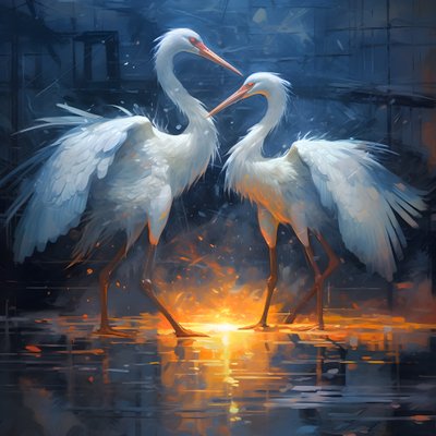 magnifique peinture cinématographique, deux grues s