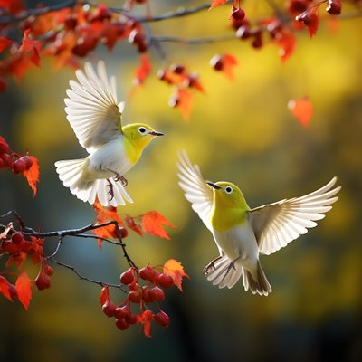 Deux adorables oiseaux à lunettes verts déploient leurs ailes et volent dans les feuilles d