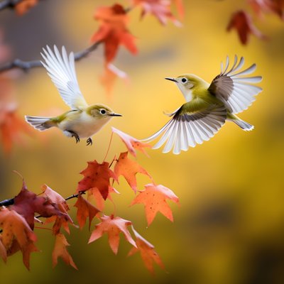 Deux adorables oiseaux à lunettes verts déploient leurs ailes et volent dans les feuilles d