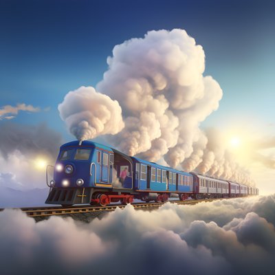 un train de médias sociaux en mouvement rapide volant à travers les nuages suspendu par un fil 2 - Kurt Heppke