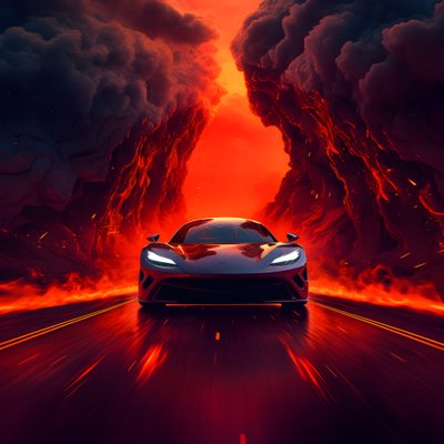 une voiture de luxe est conduite sur un chemin avec un fond rouge lumineux 4 - Kurt Heppke