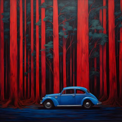 voiture bleue dans une forêt rouge 2 - Kurt Heppke