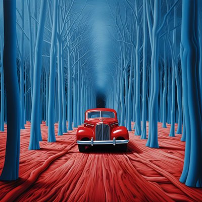 voiture bleue dans une forêt rouge 3 - Kurt Heppke