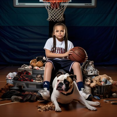 Une fille de 10 ans assise avec son chien tenant un dossier avec l