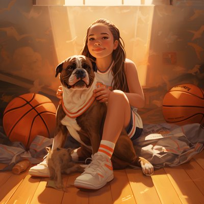 Une fille de 10 ans assise avec son chien tenant un dossier avec l