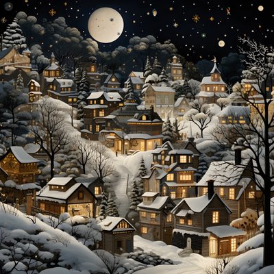 Un village de nuit sous des arbres enneigés 2 - Kurt Heppke