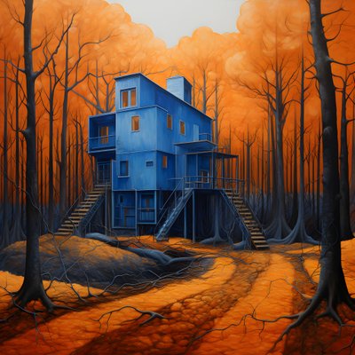 maison bleue dans une forêt orange 1 - Kurt Heppke