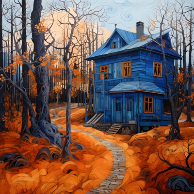maison bleue dans une forêt orange 4 - Kurt Heppke