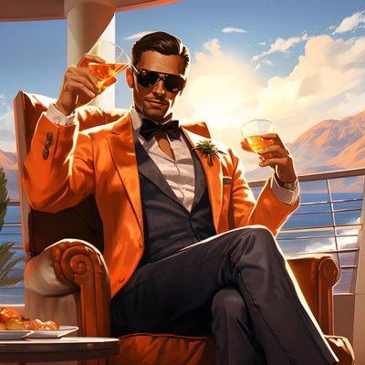 un homme riche, bien habillé, assis sur un yacht privé et buvant un cocktail 1 - Kurt Heppke