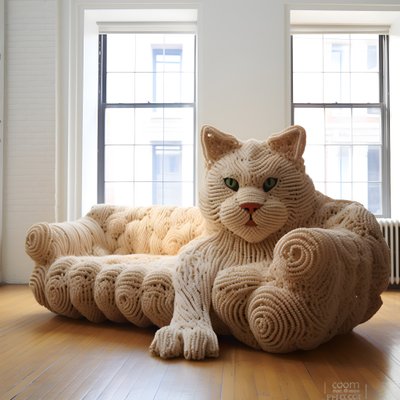 un grand chat crocheté dans un salon réaliste 1 - Kurt Heppke