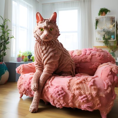 un grand chat crocheté dans un salon réaliste 4 - Kurt Heppke