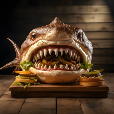 grand cheeseburger à tête de requin avec du bœuf sur une planche en bois 2 - Kurt Heppke
