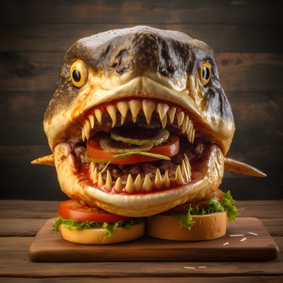 grand cheeseburger à tête de requin avec du bœuf sur une planche en bois 4 - Kurt Heppke