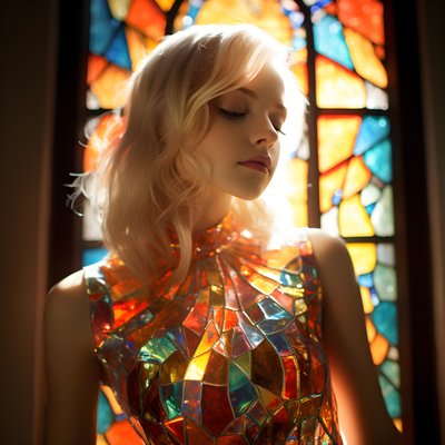 jolie fille blonde de 14 ans portant une robe en vitrail Tiffany colorée - Kurt Heppke