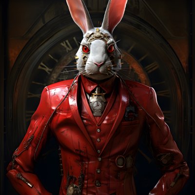 androïde lapin anthropomorphe cybernétique masculin, en redingote rouge 2 - Kurt Heppke