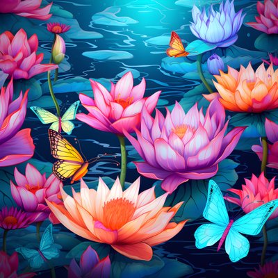Motif sans couture de fleurs de lotus et de papillons 1 - Kurt Heppke