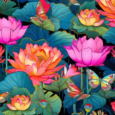 Motif sans couture de fleurs de lotus et de papillons 3 - Kurt Heppke