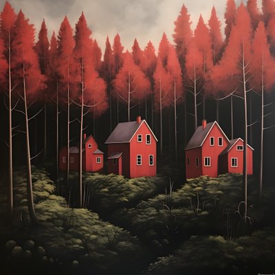 quatre maisons rouges dans la forêt 2 - Kurt Heppke