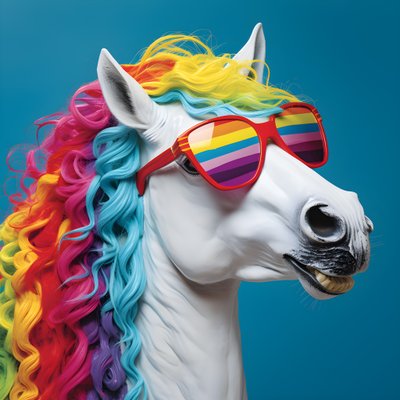 cheval blanc avec lunettes arc-en-ciel sur fond bleu 1 - Kurt Heppke