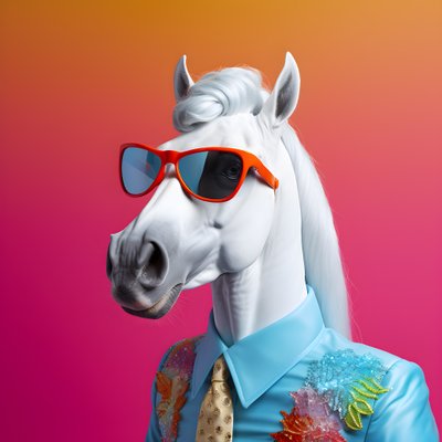 cheval blanc avec lunettes arc-en-ciel sur fond bleu 3 - Kurt Heppke